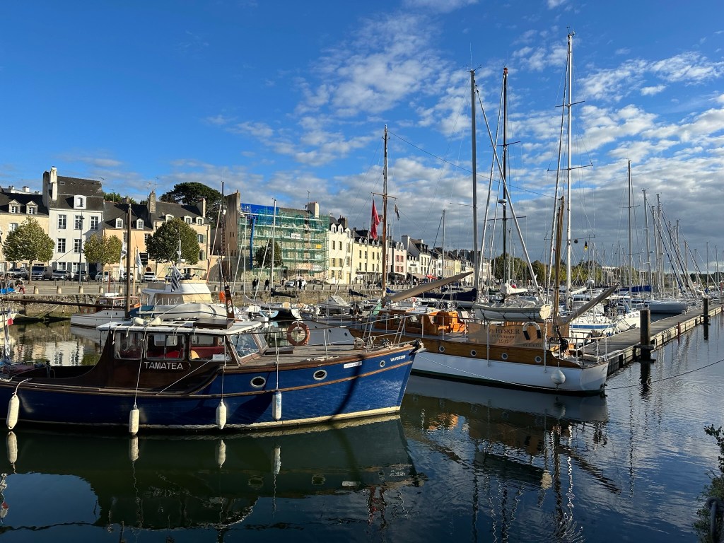 Vue du port avec plusieurs bateaux amarrés et des bâtiments colorés en arrière-plan sous un ciel bleu.
